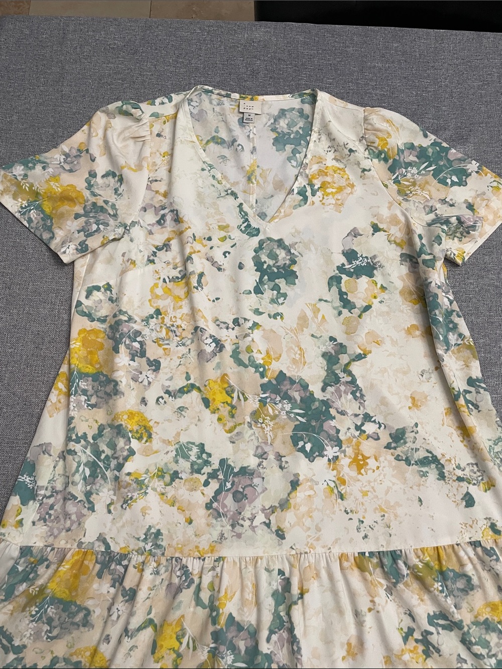 Cream Floral Asymmetrical Dress with Yellow & Teal Accents